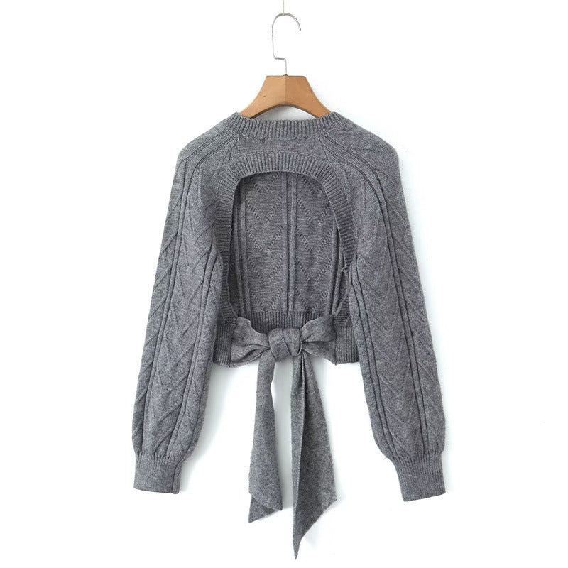 Kurz geschnittener Rückenfreier Strickpullover mit Schleife – Trendy Streetstyle